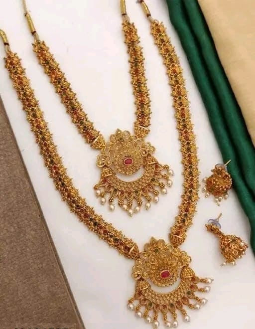 Artificial Gold-Plated Temple Jewelry Set with Ruby and Pearl Accents