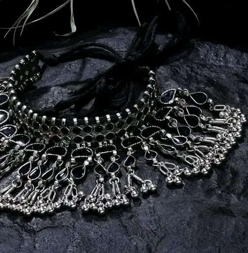 Beautiful Oxidized Silver Choker With Earrings Artificial Stones Black Colour