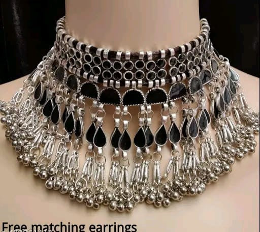 Beautiful Oxidized Silver Choker With Earrings Artificial Stones Black Colour