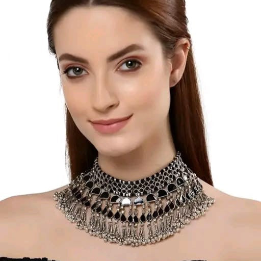 Beautiful Oxidized Silver Choker With Earrings Artificial Stones Black Colour