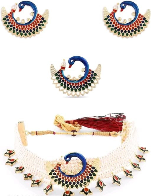 Elegant Jewellery Set With Earrings And Ring Peacock Design Multicolour