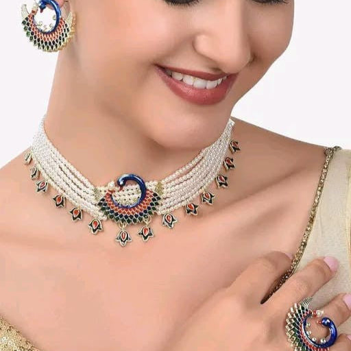 Elegant Jewellery Set With Earrings And Ring Peacock Design Multicolour