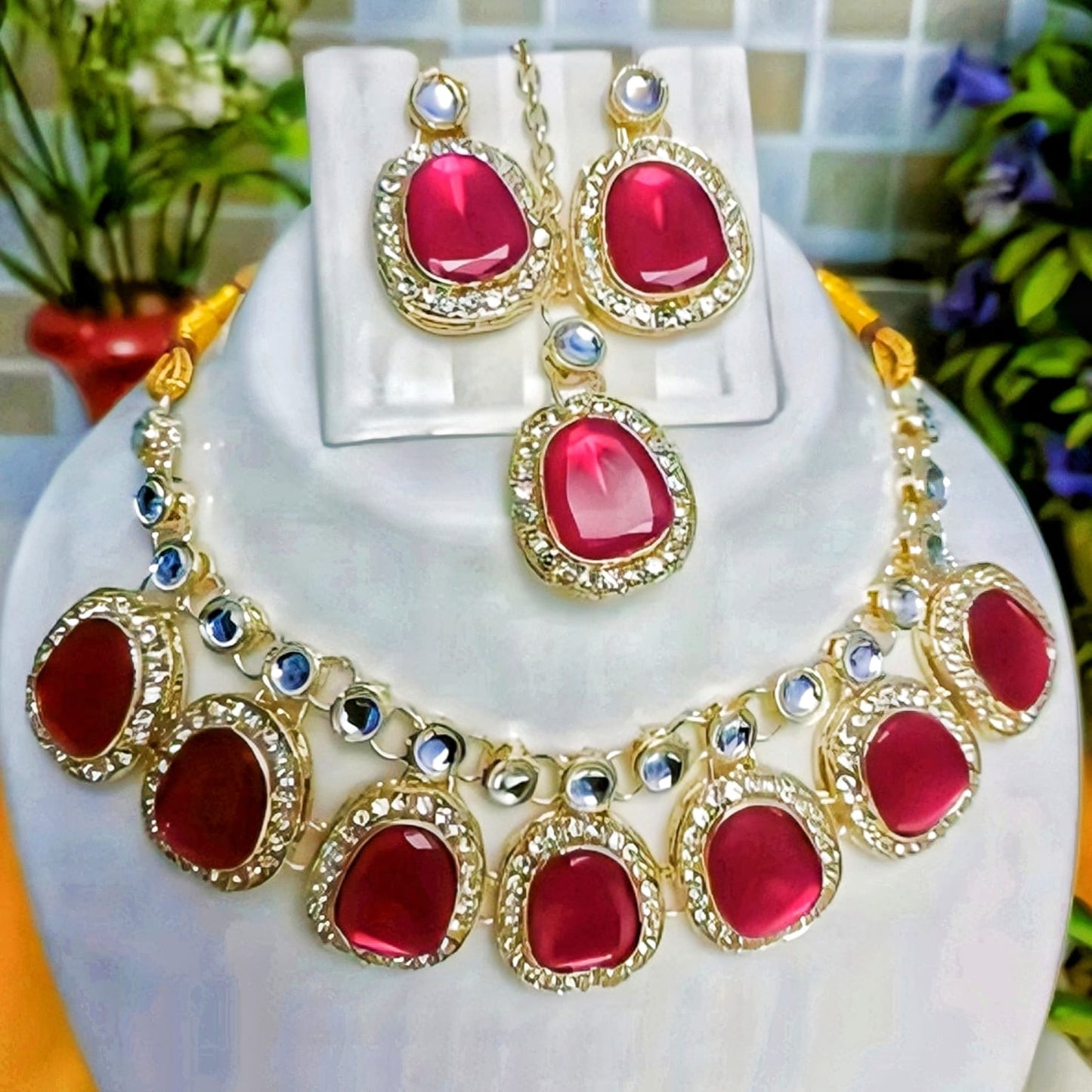 AD Diamond Necklace Jewellery Set With Maang Tikka & Earrings For Women Artificial Cubic Zirconia Stones