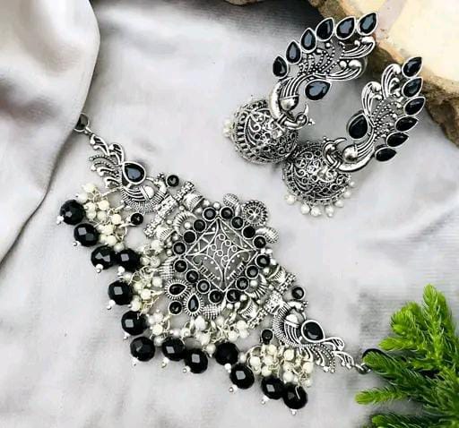 Trendy Black White Pearl Choker & Earrings Set For Women's Silver Oxidised