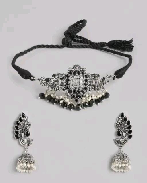 Trendy Black White Pearl Choker & Earrings Set For Women's Silver Oxidised