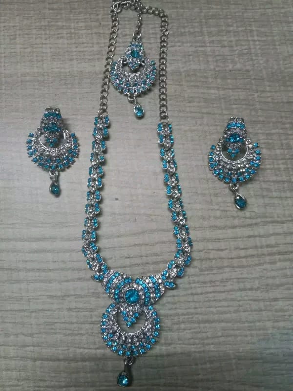 Elegant Silver Plated Necklace and Earrings Set with Blue A.D. Stones