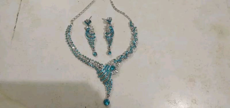 Designer Silver Plated Necklace With Earrings With A.D Stones Blue Colour