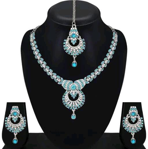 Elegant Silver Plated Necklace and Earrings Set with Blue A.D. Stones